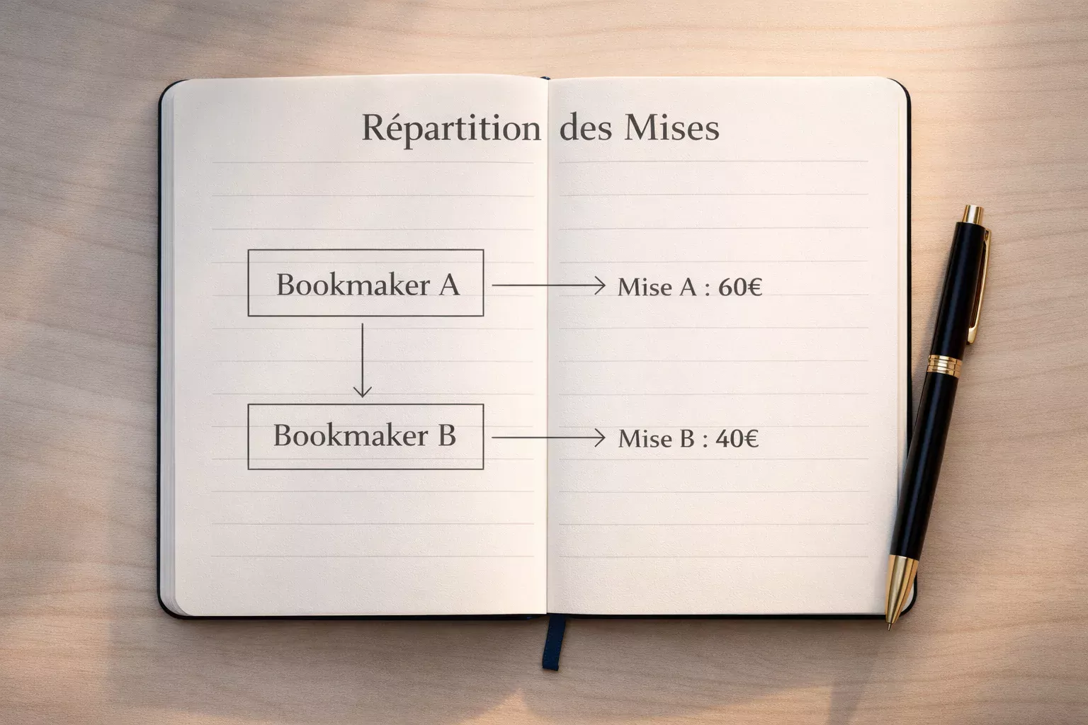 Représentation visuelle du calcul de répartition des mises pour un arbitrage