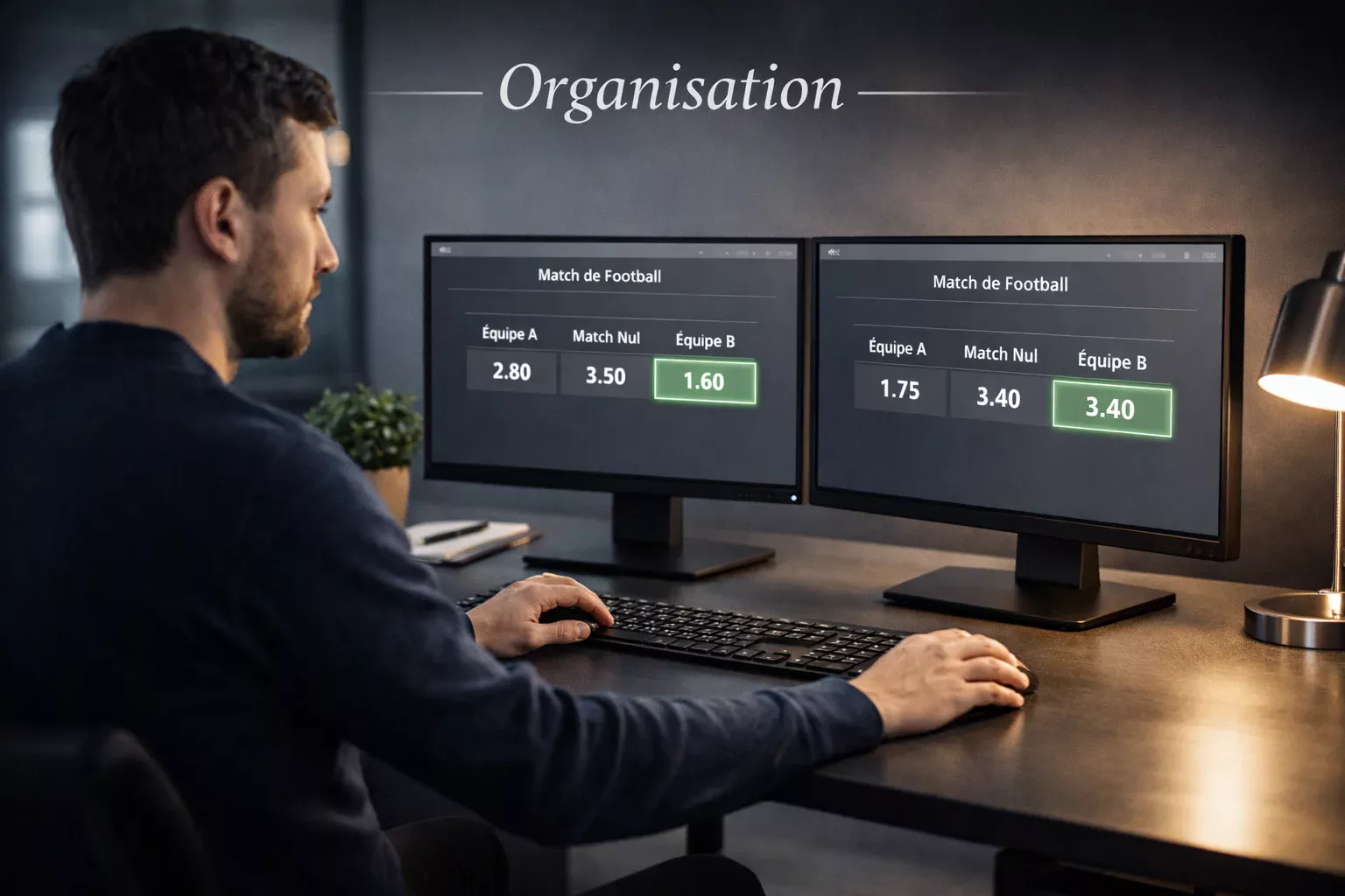 Parieur organisant sa stratégie d'arbitrage avec plusieurs écrans