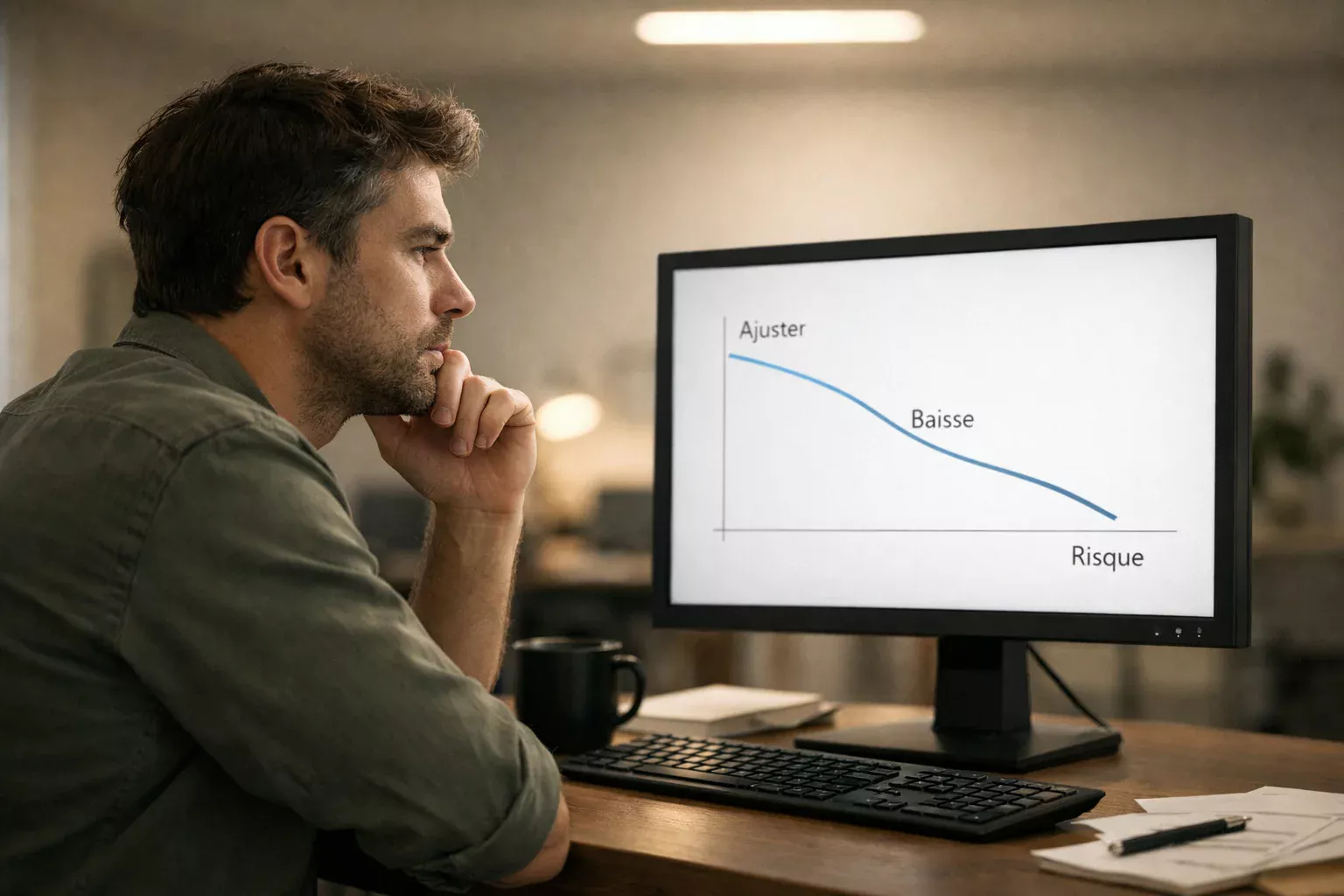 Personne réfléchissant devant un écran affichant un graphique descendant