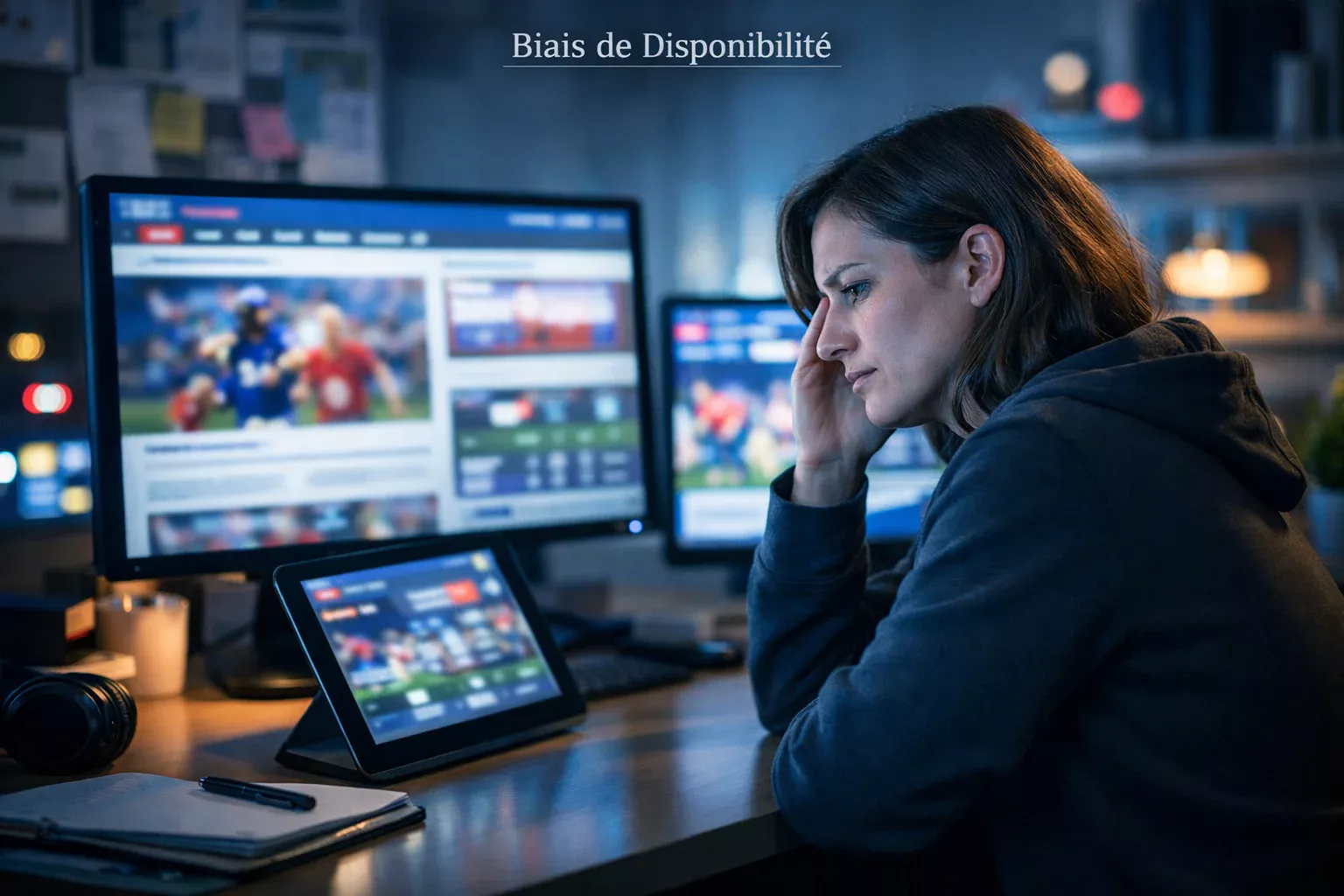 Personne entourée d'écrans montrant des informations sportives récentes