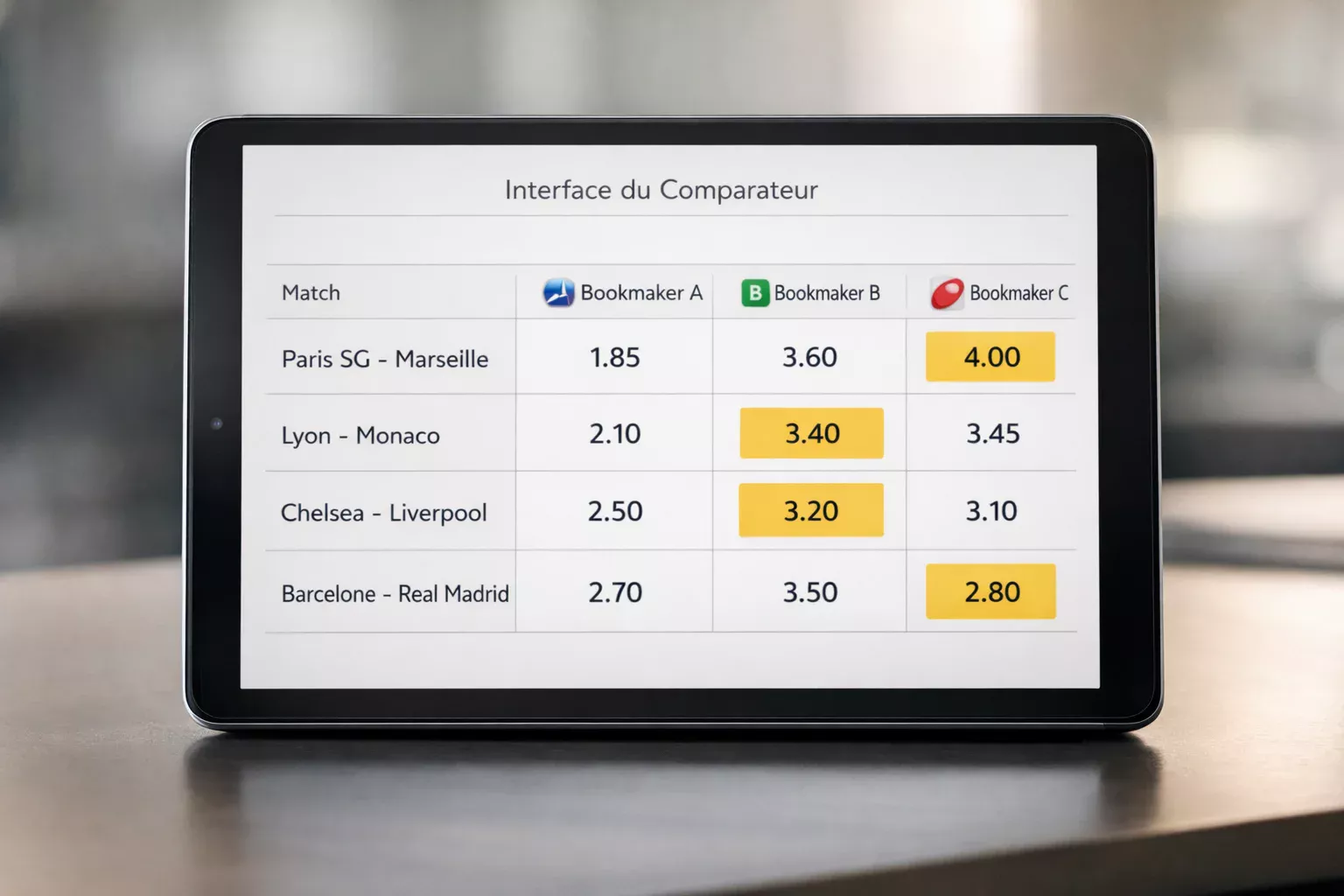 Interface de comparateur montrant les meilleures cotes mises en évidence