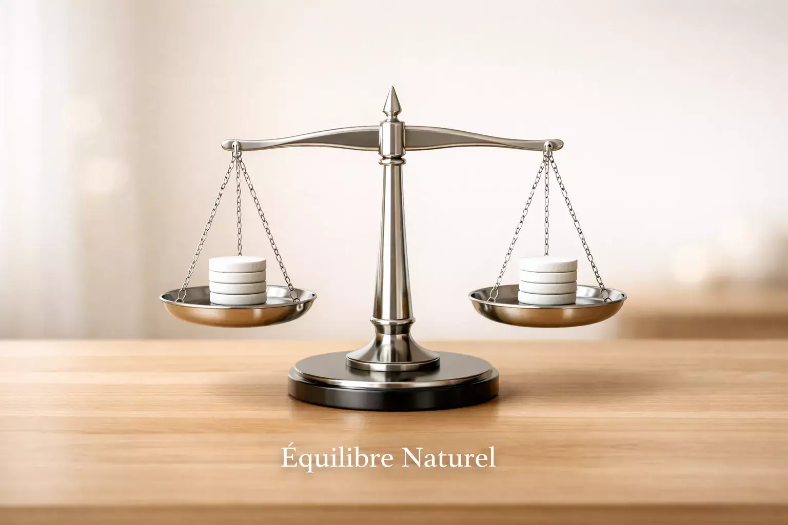 Balance symbolique avec jetons des deux côtés sur un bureau