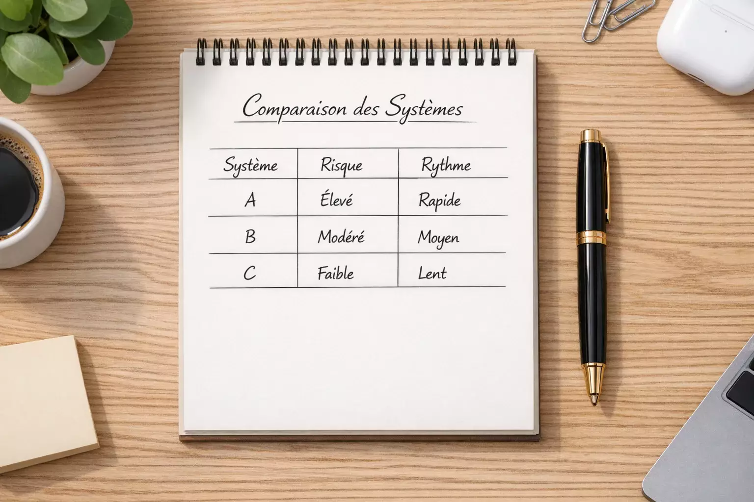 Tableau comparatif simple dessiné sur un bloc-notes