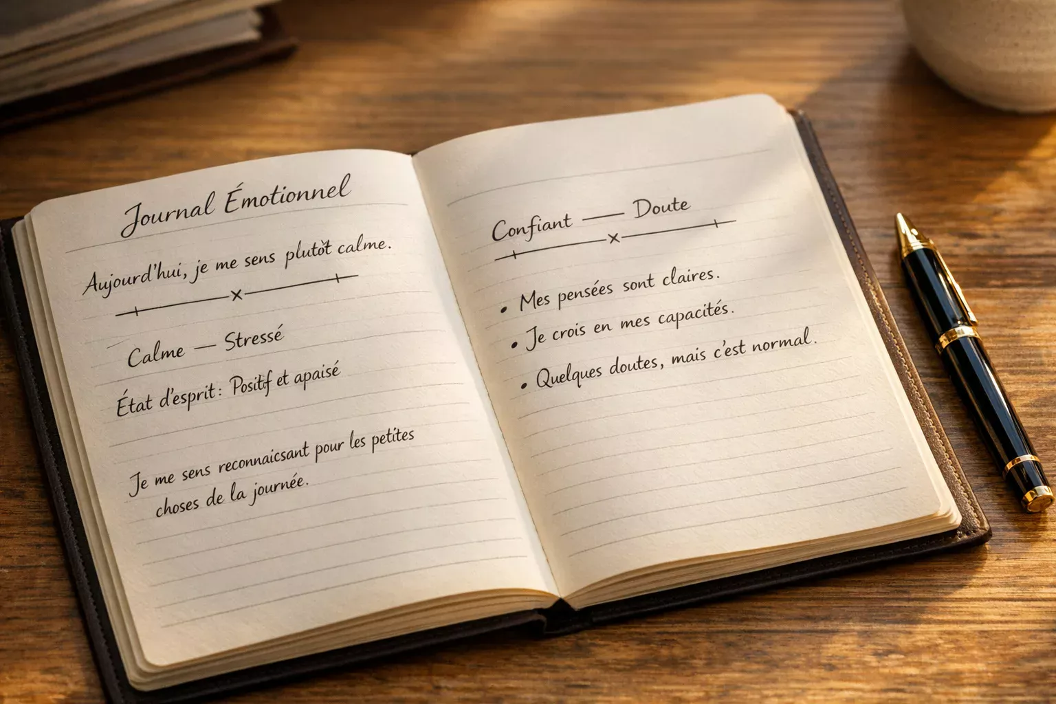 Journal émotionnel ouvert avec notes sur les états d'esprit avant et après les sessions