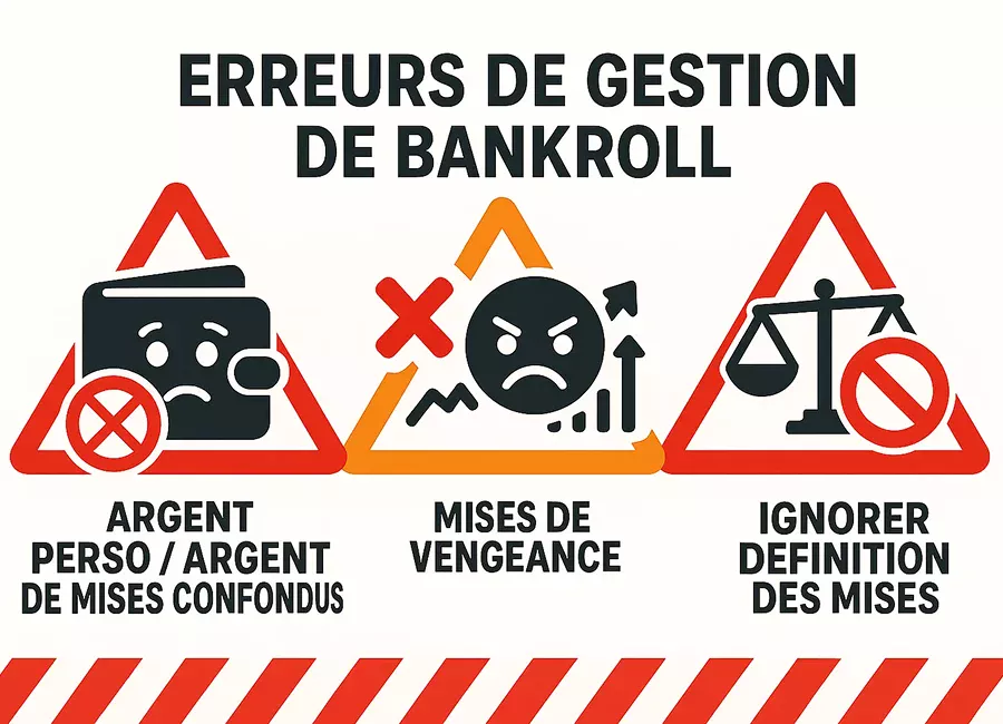 Infographie des erreurs fatales en gestion de bankroll : mélange d'argent, revenge betting et mauvais dimensionnement des mises
