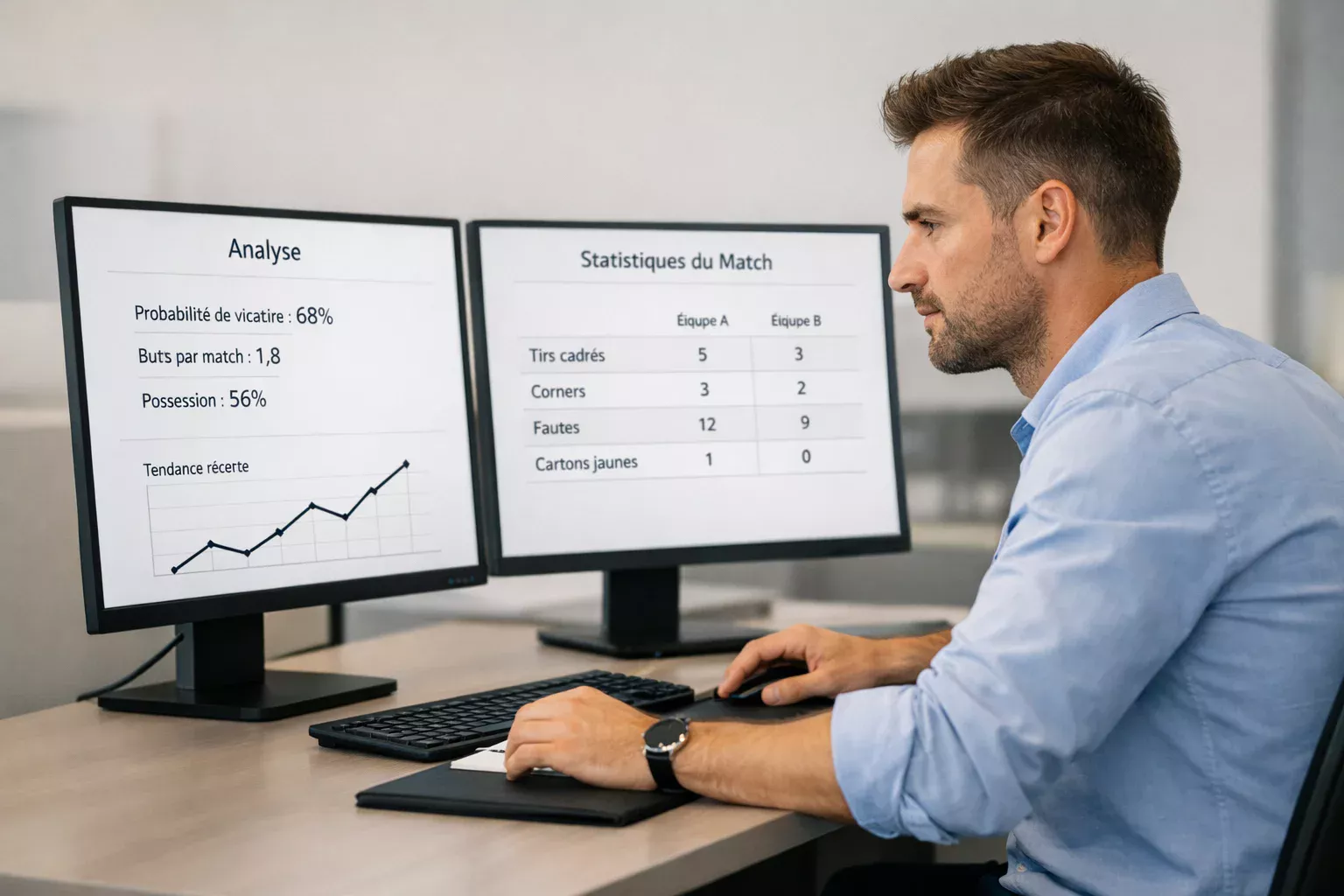 Analyste sportif concentré devant plusieurs écrans affichant des statistiques