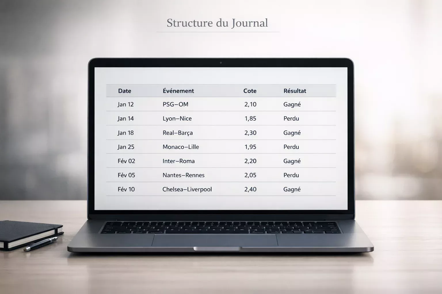 Tableur structuré montrant l'organisation d'un journal de paris professionnel