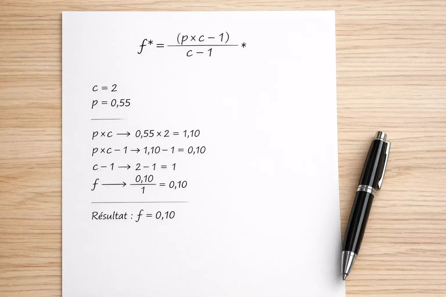 Équation de Kelly écrite sur papier avec exemple de calcul