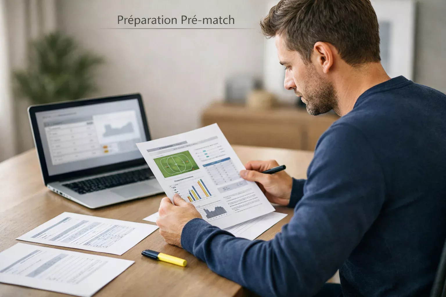 Parieur analysant calmement des statistiques avant un match