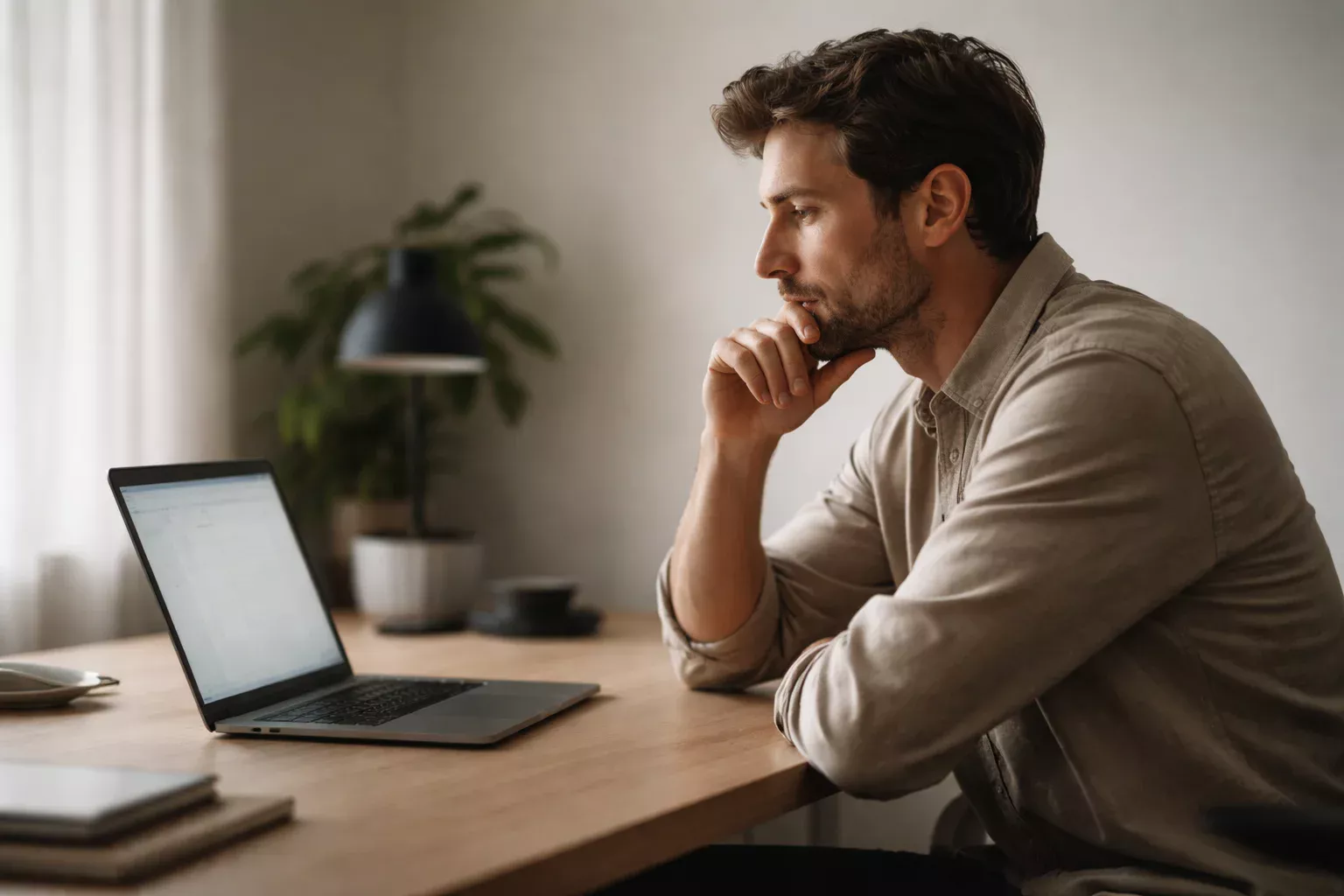 Parieur pensif devant son écran, main sur le menton