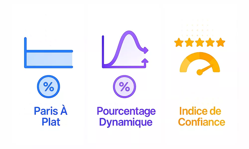 Comparaison visuelle des trois méthodes de mise pour les paris sportifs : flat betting, pourcentage dynamique et indice de confiance