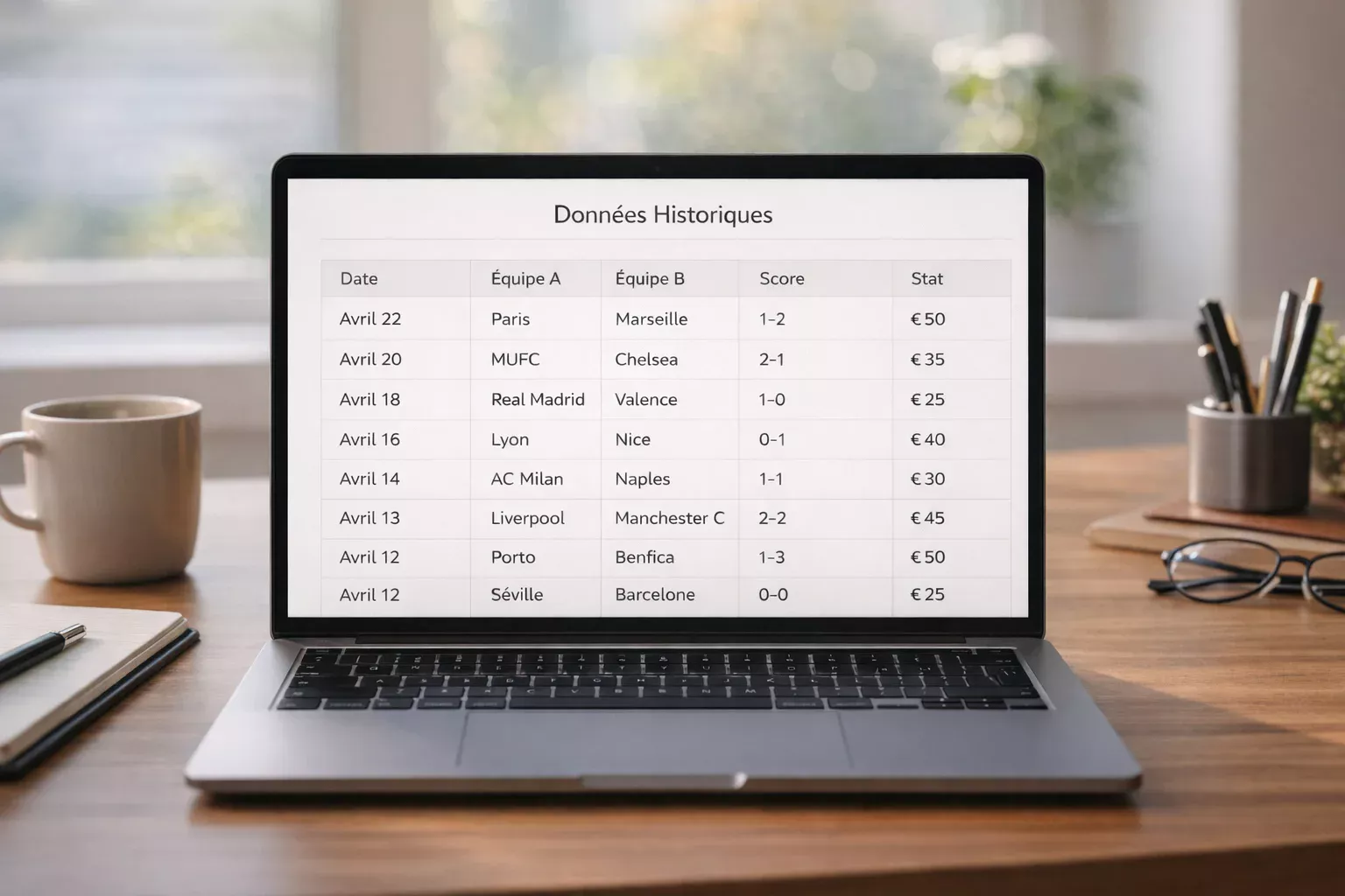 Tableur structuré contenant des données sportives historiques organisées
