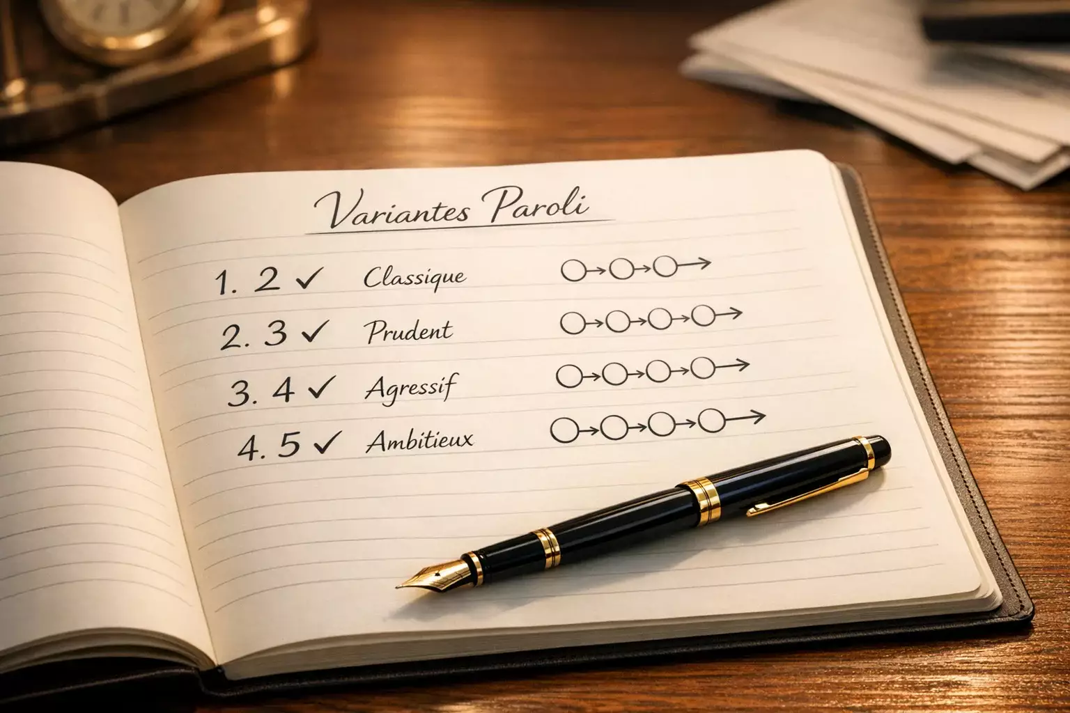 Carnet avec différentes configurations de paliers notées