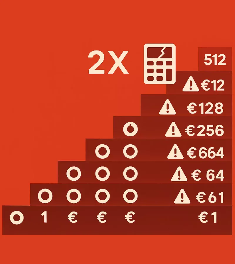 Tableau de progression mathématique de la martingale montrant l'escalade des mises de 1€ à 512€