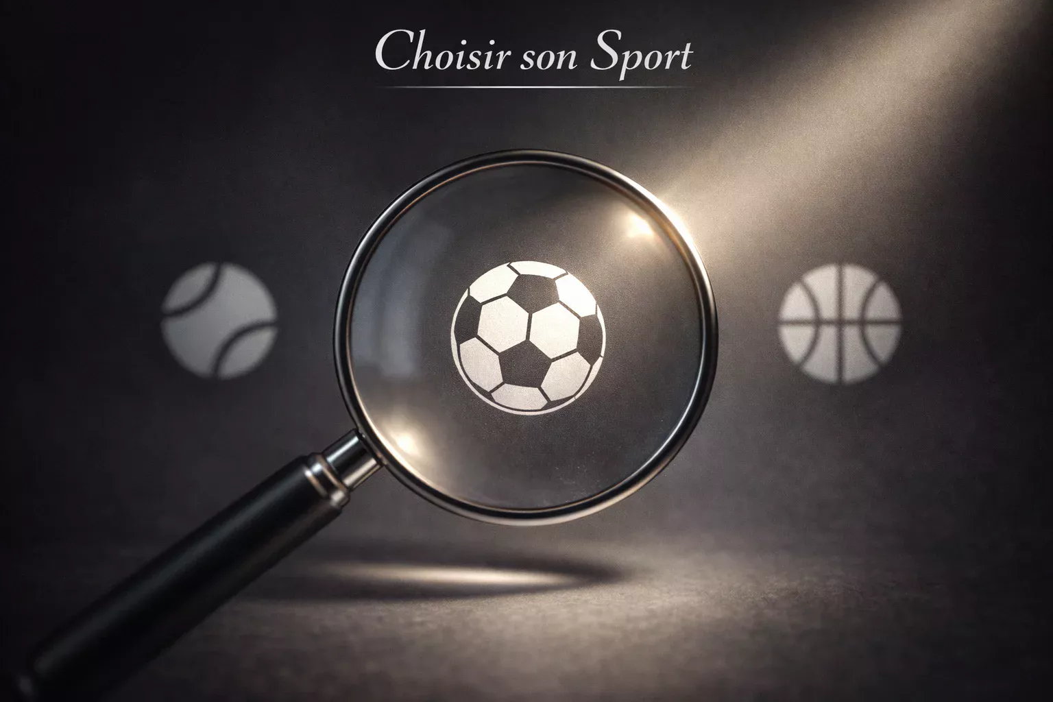 Différents sports représentés avec une loupe sur l'un d'eux symbolisant le choix de spécialisation