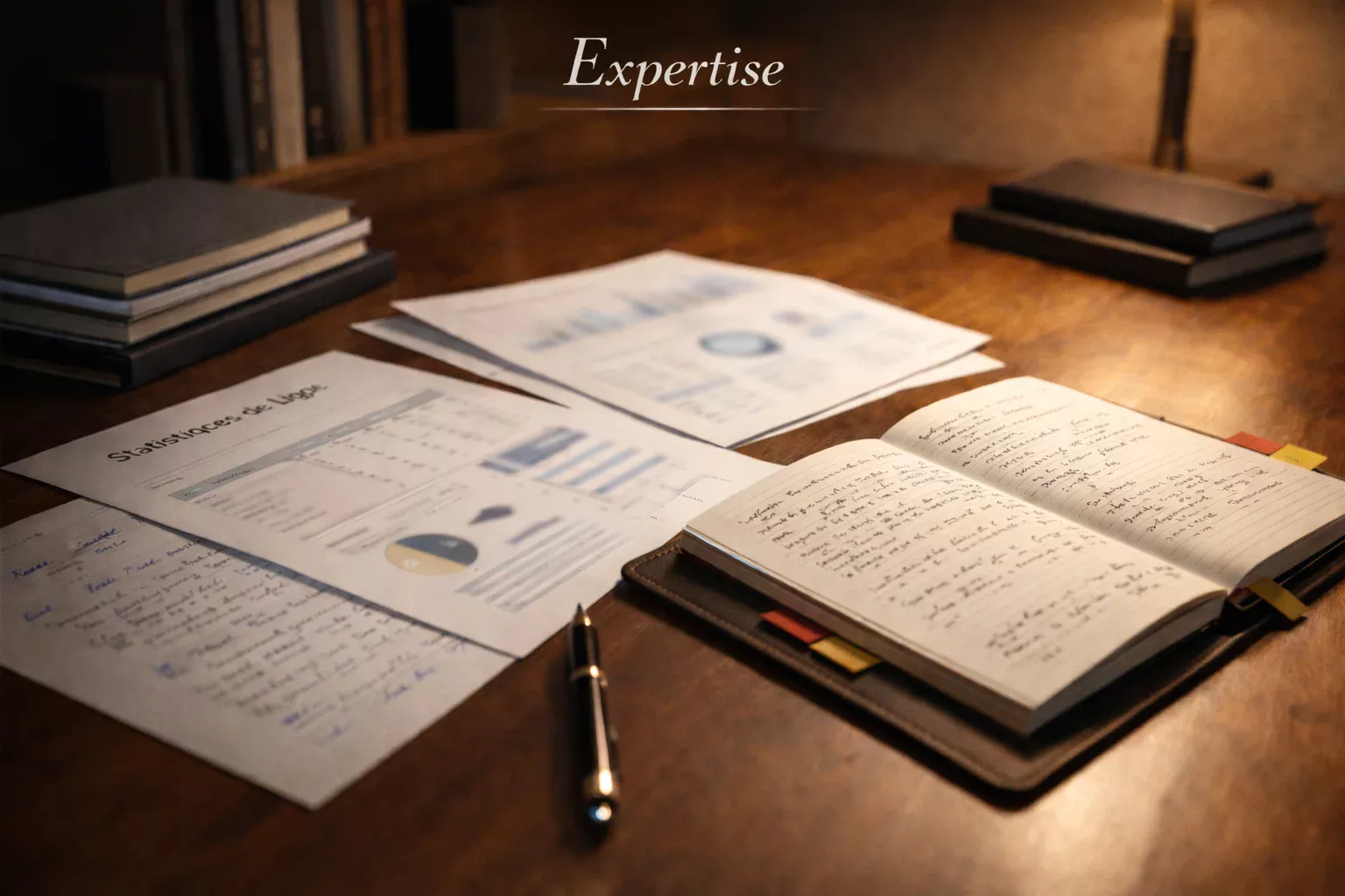 Bureau d'expert avec documents spécialisés, statistiques et notes d'analyse