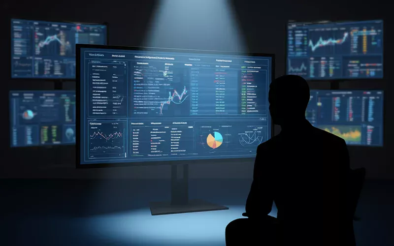 Expert en paris sportifs concentré sur analyse spécialisée avec écrans en arrière-plan