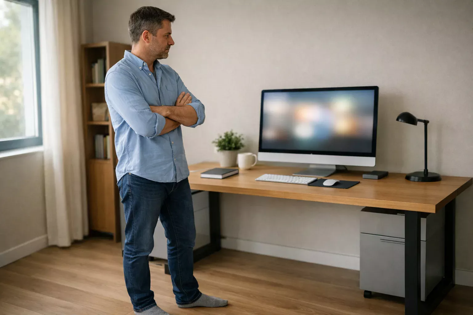 Personne prenant du recul devant son écran pour réfléchir