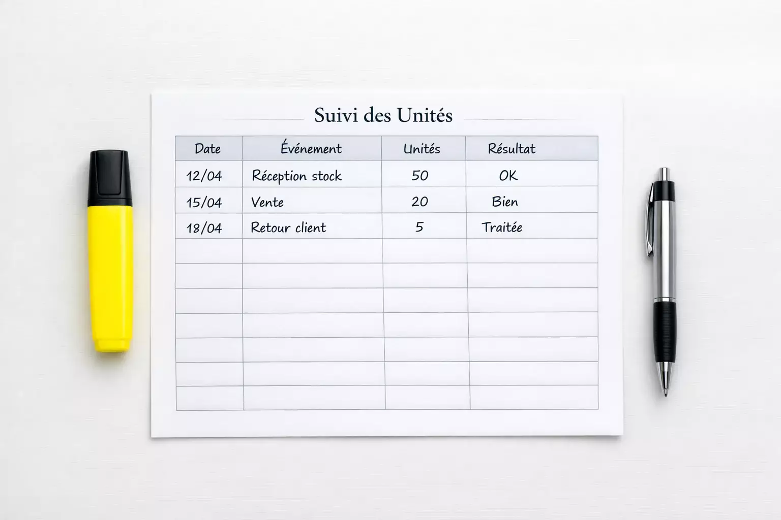 Tableau de suivi de performance avec colonnes d'unités