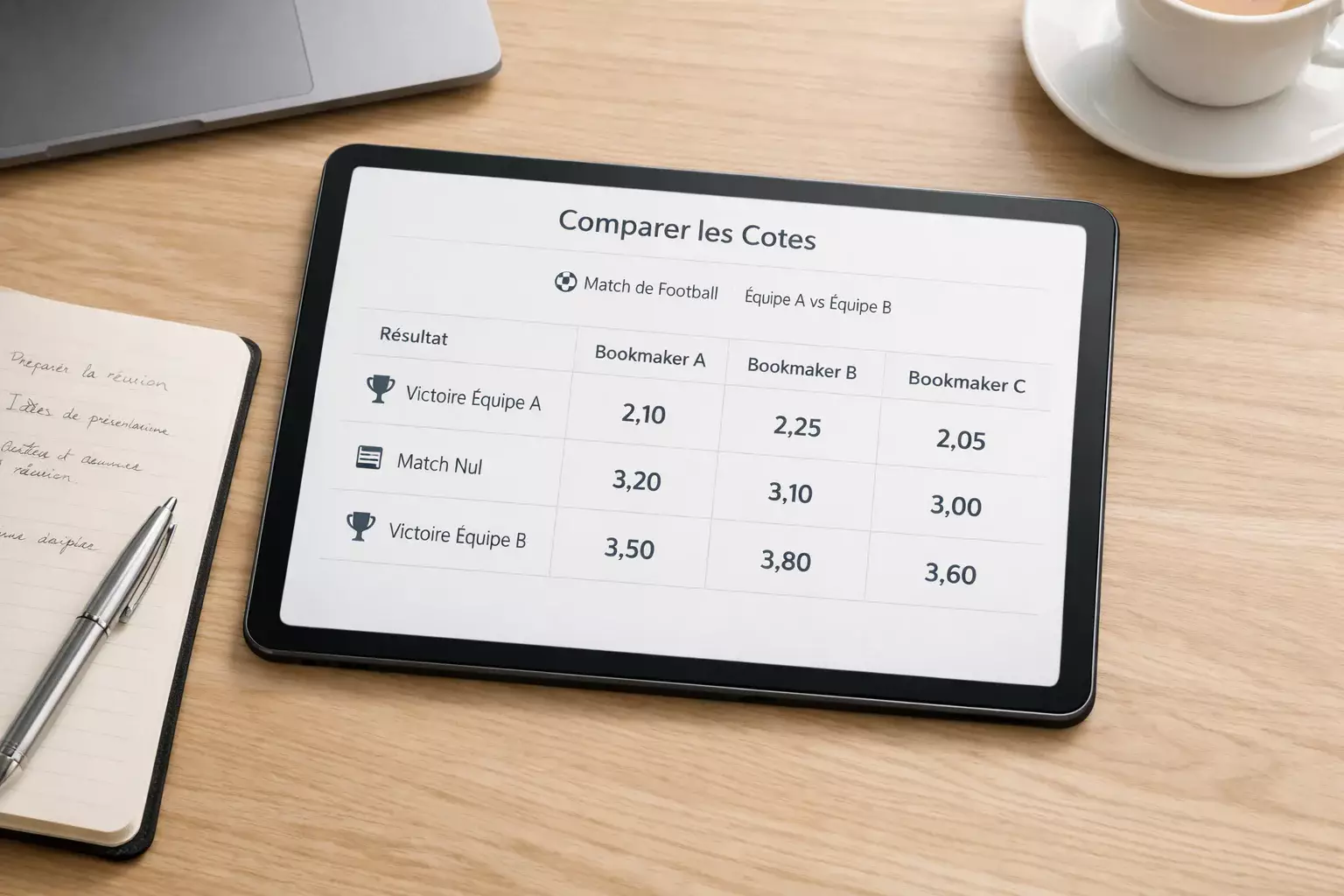 Comparaison de cotes entre différents bookmakers sur un tableau