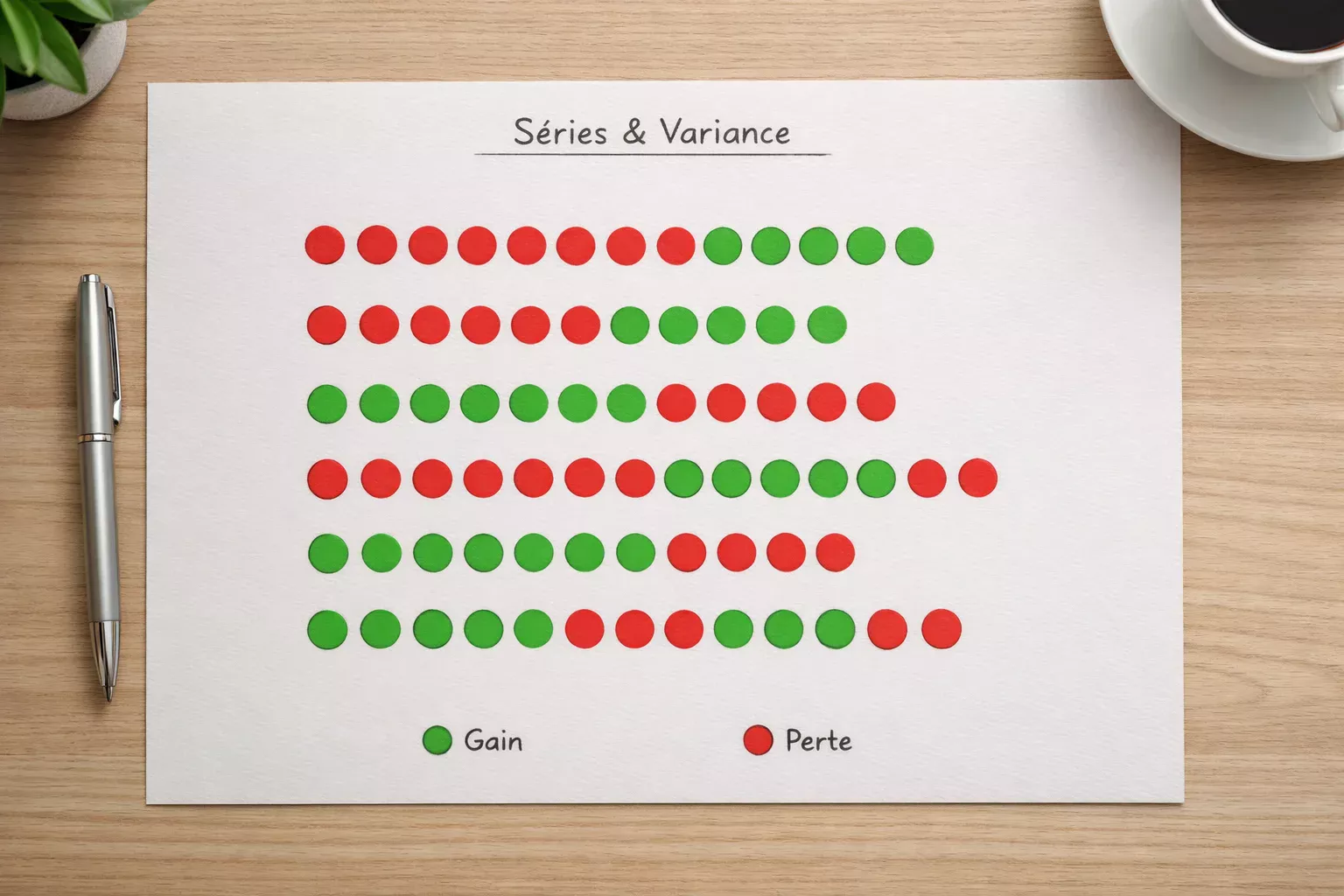 Représentation visuelle d'une série de résultats alternant gains et pertes